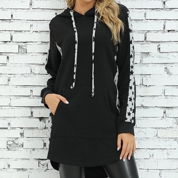 Z Avenue USA Tops - NEW Long Black Pocket Tunic Sweatshirt Hoodie with Star Grey Side Stripe…